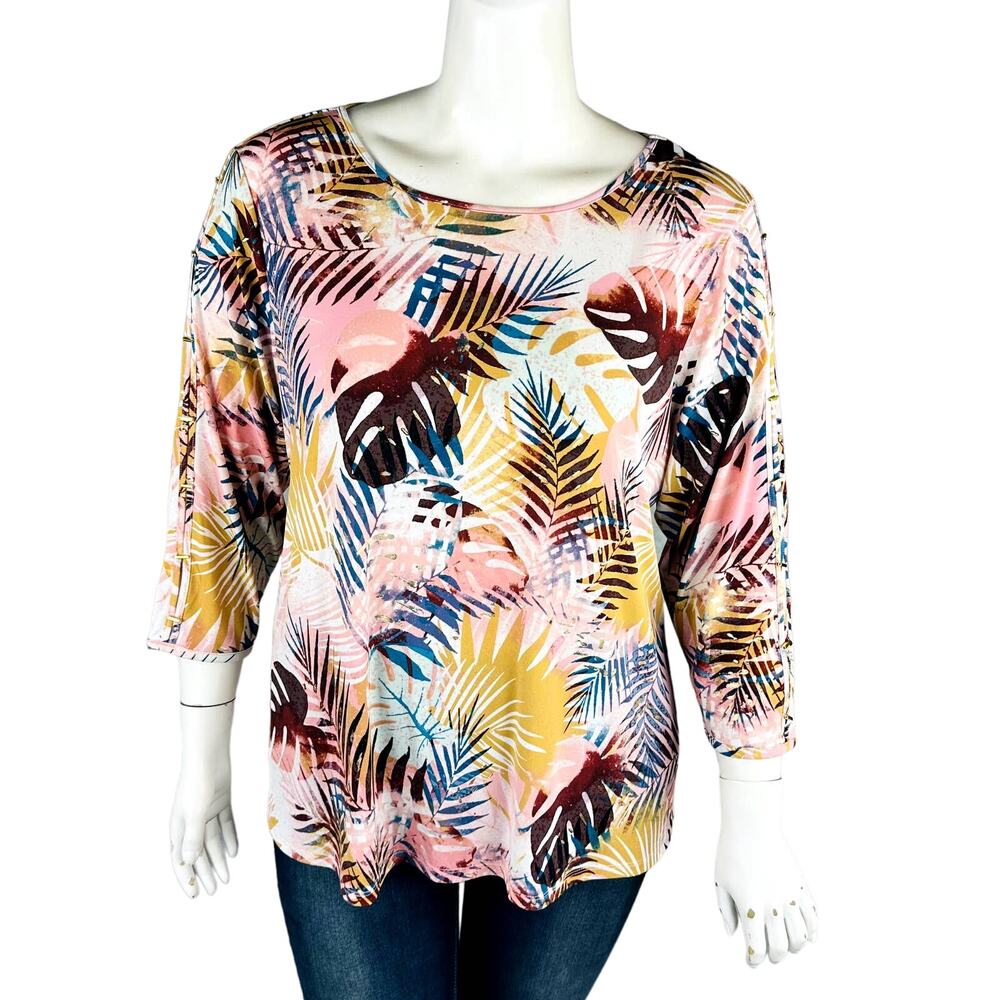 Investments II Womans Sz‎ 2X Plus Blouse Floral 3/4 Sleeves Stretch Pink Blue